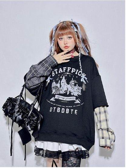 Black Plaid Round Neck Letter Fake Two-piece Sweatshirt