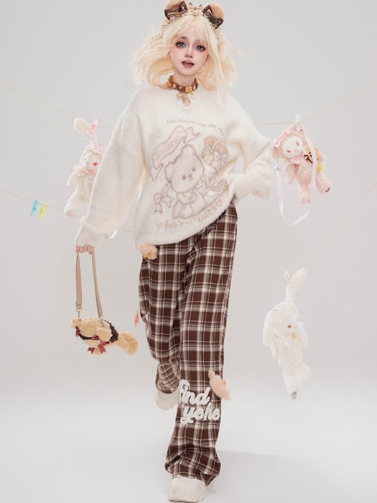 Cute Bear Adorned Camel Plaid Straight-leg Cut Pants