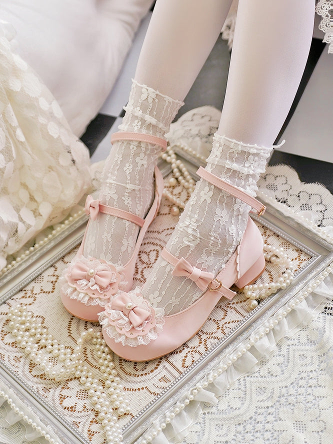 Toe Trim Heart Top Lace Bow Pink at Baby Buckles Lolita Round