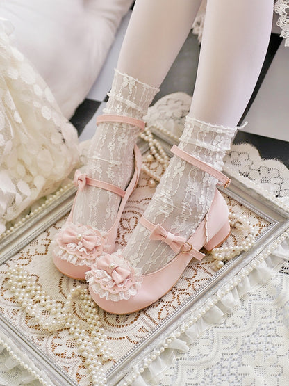 Toe Trim Heart Top Lace Bow Pink at Baby Buckles Lolita Round