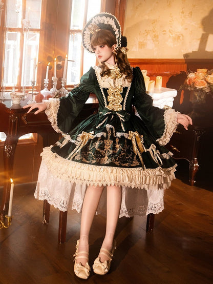 Candlestick and Embroidery Bell Dress Sleeves Green Candle Velvet