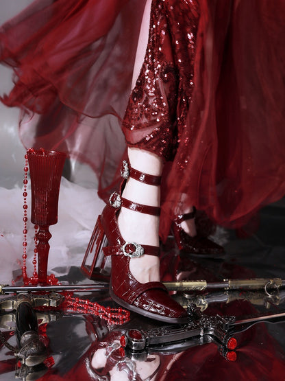 Polished Red Gothic Crocodile Buckle Straps Blood Drip High Block Heels