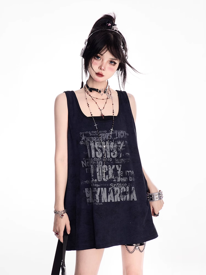 Black Scoop Neckline Letter Print Oversized Tank Top
