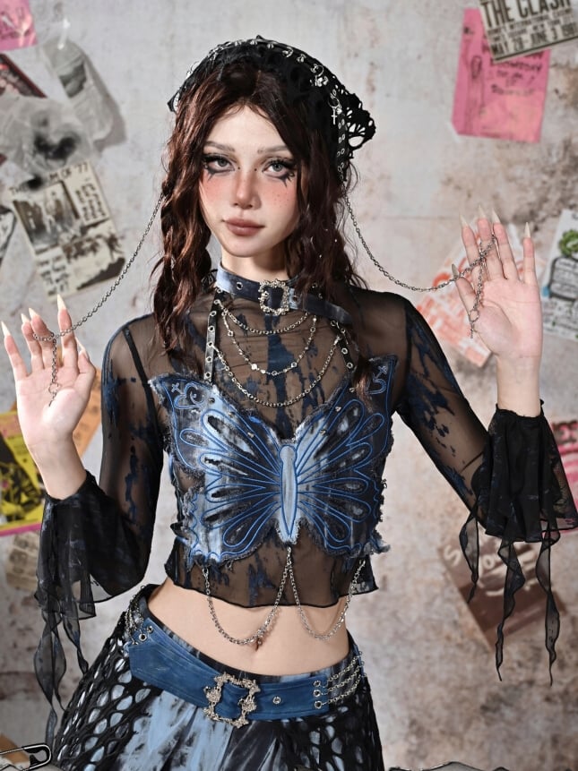 Grunge Punk Rock Fairycore Blue and Black Bell Sleeves Mesh Top