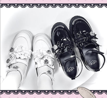 mit Landmine Matte 10cm Absatz Plateau Strasssteine ​​Chunky Glitter Weiß Bowknot Schuhe Stil Herz
