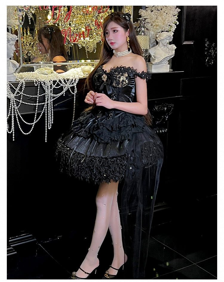 Black and Gold Strapless Sweetheart Neckline Corset Top + Shimmering Black Sequins Skirt