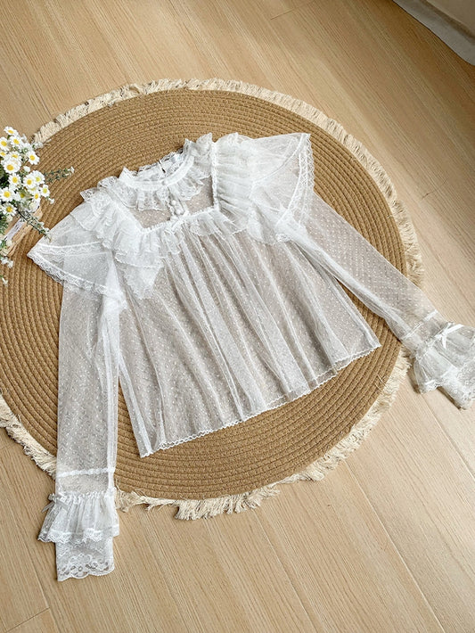 White Long Top Sleeves Tulle Sheer Dots Lace