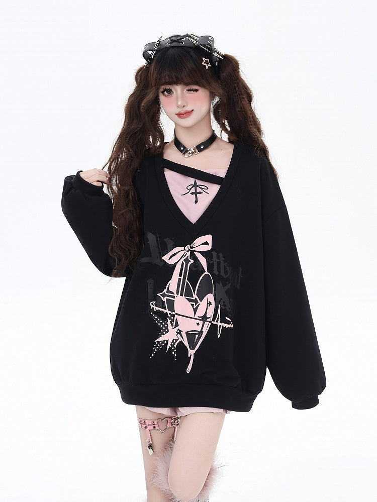 Sweatshirt V-Neck Heart and Bow Print Loose Two-pieces Bittersweet Black/Blue Faux