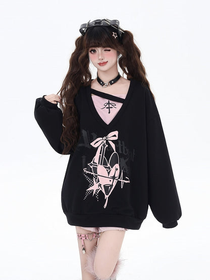 Sweatshirt V-Neck Heart and Bow Print Loose Two-pieces Bittersweet Black/Blue Faux