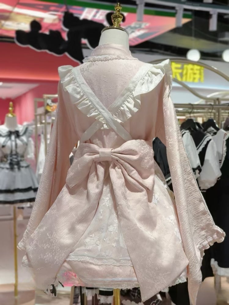 Wa Kei Pink Set-Bell Full Style Jirai Sleeves Blossom Apron Dress+Flutter Outfit Festival Cherry