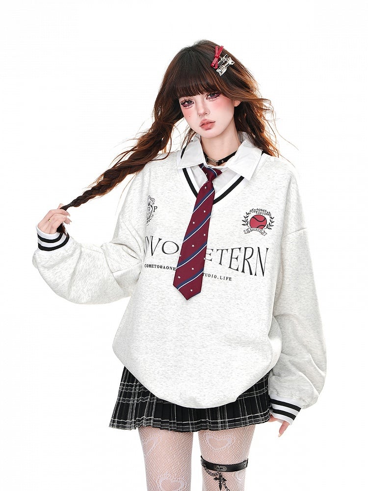 Gray Preppy Polo Collar Loose Sweatshirt with Tie Faux Two-pieces
