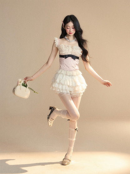 Glamorous Pink Polka-dot Pattern Sleeveless Top Ruffled Lace Trim Detail Bowknot