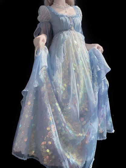 Mermaid-Inspired Sequined Sparkling Dress Empire Blue Waist Lolita