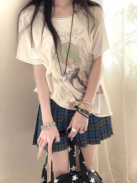 Cartoon Rundhals T-Shirt Engel Print Aprikose