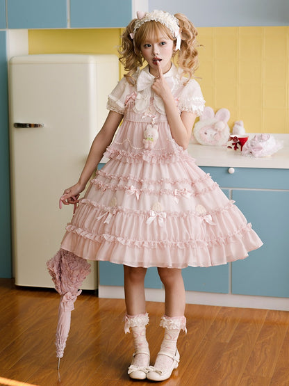 Pink Bow Accents Ruffle Trimming Sweet Lolita Fake Two-pieces Dress