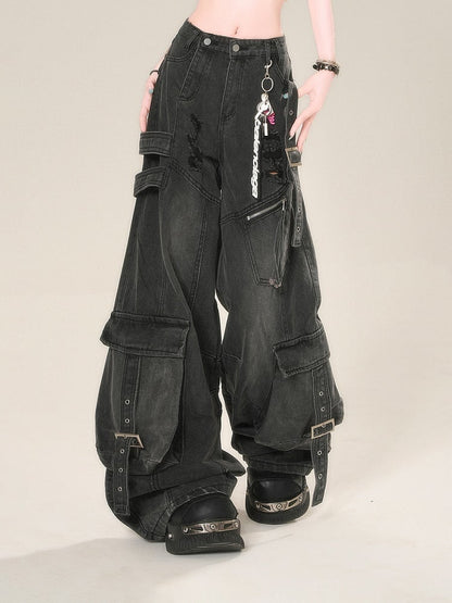 Black Distressed Holes Buckle Wide-Leg Jeans Cargo Pockets Straps