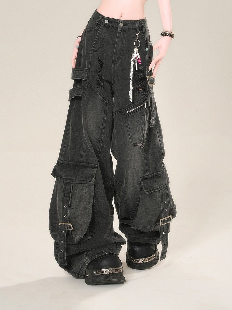 Cargo Pockets Black Distressed Holes Buckle Wide-Leg Jeans Straps