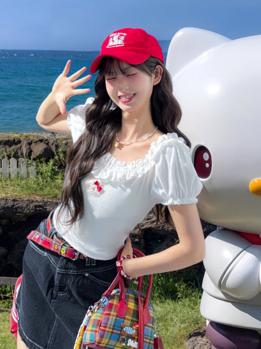 Collar Plush Kitty Puff Sleeves T-Shirt White Ruffle Lace