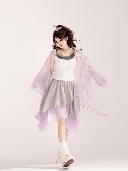 Light Waist Wide-leg Casual Loose Shirt / Pants Purple Drawstring