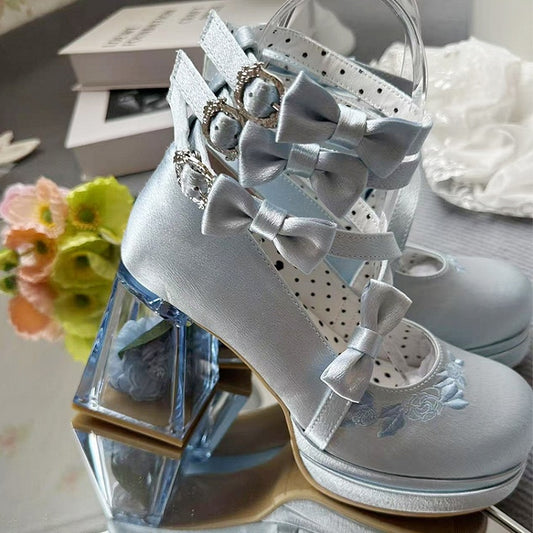 Blue Heels Camellia Elegant Platform Block High Heel Flower