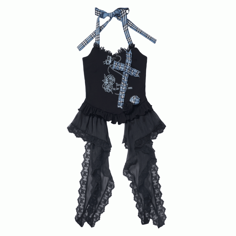 Print Design Butterfly Handkerchief Hem Idol Blue Plaid Criss-cross Halter Top Black and Rose