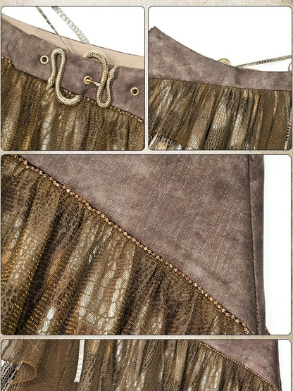 Hem Y2K Design Asymmetrical Skirt Brown Snakeskin