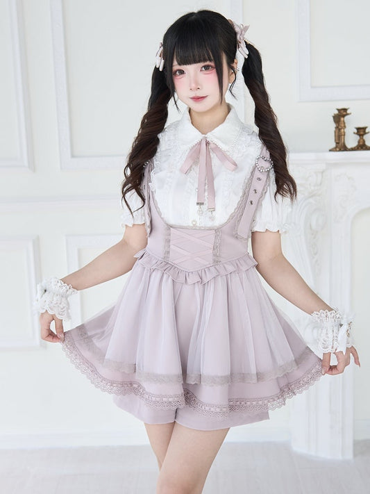 Buckle Straps Heart Details Jirai Kei Overall Dress Adjustable Shoulder Pink with Beaded