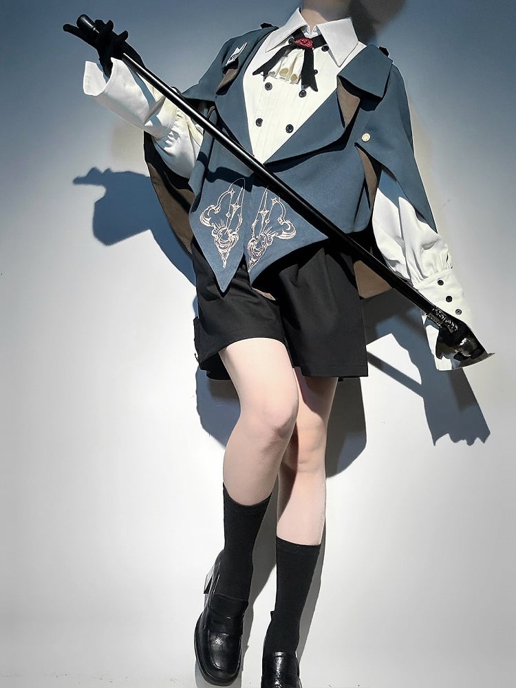 Blue and Brown Ouji Lolita Embroidery Details Pointed Hemline Cape