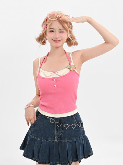 Pink Guava Applique Self-tie Halter Neck Top Faux Two-pieces