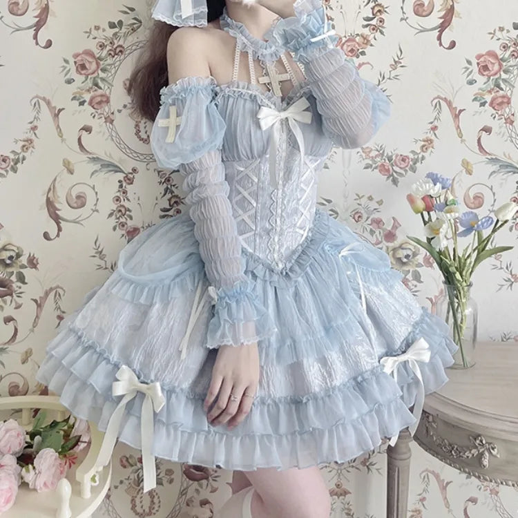 Cross Belle Blue Lolita Corset DressHalter Neck Balletcore JSK