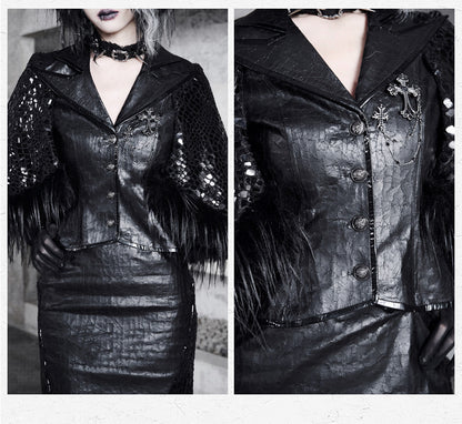 Black Sharp Angle Notched Collar Office Lady Fluffy Hemline Cape Blazer