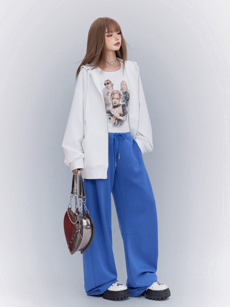 Blue Drawstring Waist Loose Straight-leg Sweatpants