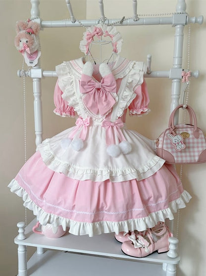 Ears Sleeves Short Sailor Apron Lolita Dress Pink Maid Bunny White with Collar