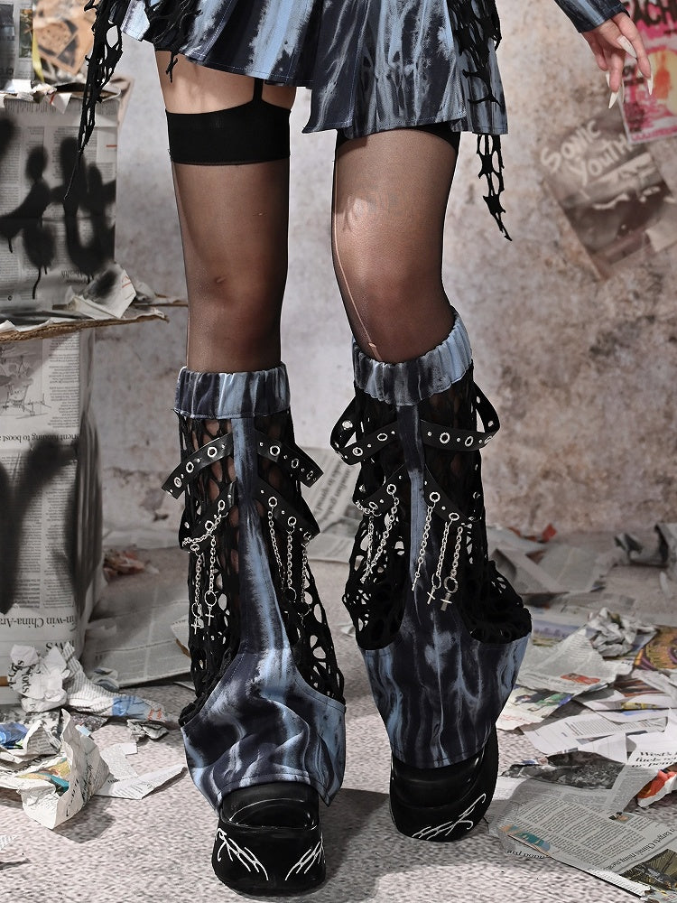 Grunge Punk Rock Mesh Patchwork Blue and Black Tie Dye Leg Warmers Straps with Chains