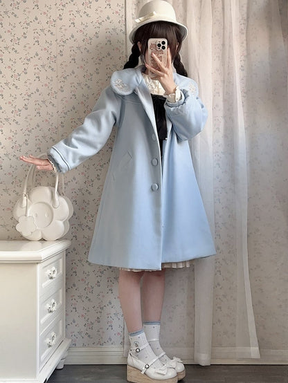 Blue Delicate Floral Round Flat Collar Woolen Coat