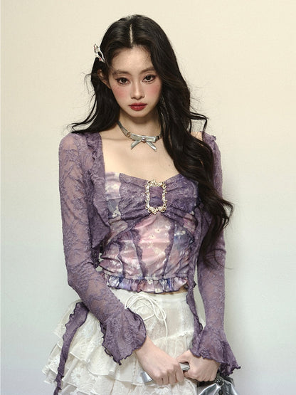 Lavender Semi-Sheer Open Placket Lace Top