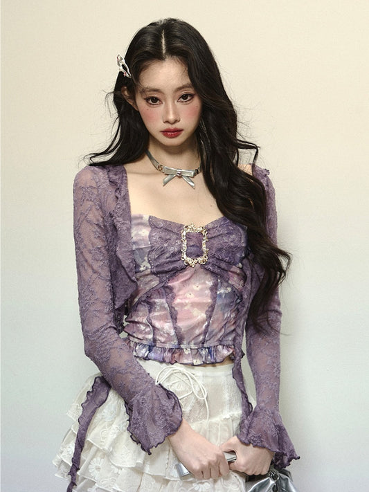 Lavender Semi-Sheer Open Placket Lace Top