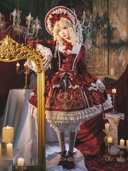 Red Candle Dress Candlestick Embroidery Velvet Bell and Sleeves