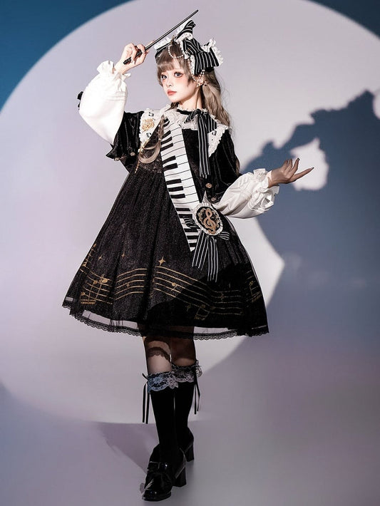 Ensemble complet Lolita OP à manches longues noir et blanc avec imprimé notes de musique