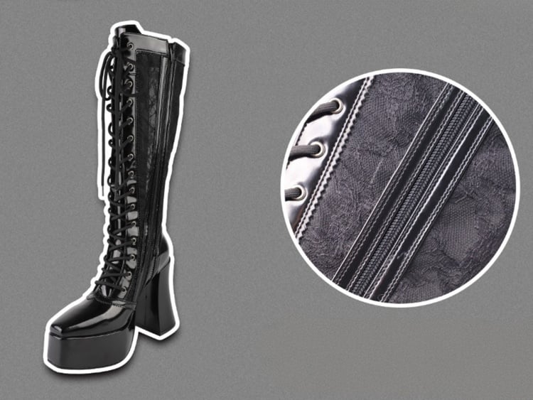 Gothic Black Front Lace-up Ties Lace Platform High Block Heel Knee-high Boots