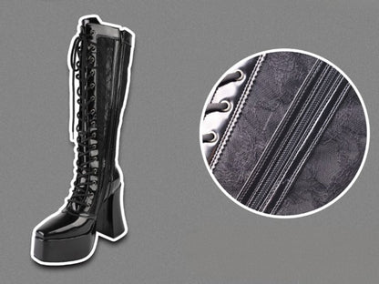 Gothic Black Front Lace-up Ties Lace Platform High Block Heel Knee-high Boots