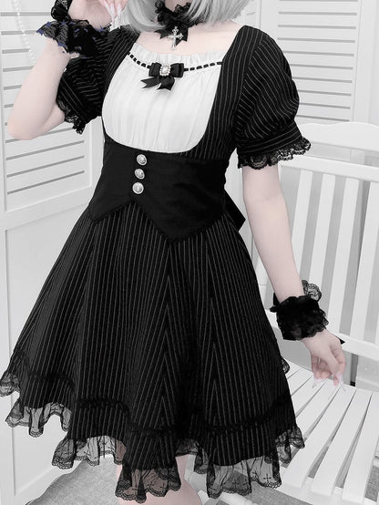 Kleid Schwarz Voll Gestreiften Taille Jirai Kei Set Korsett Gürtel Design bei mit