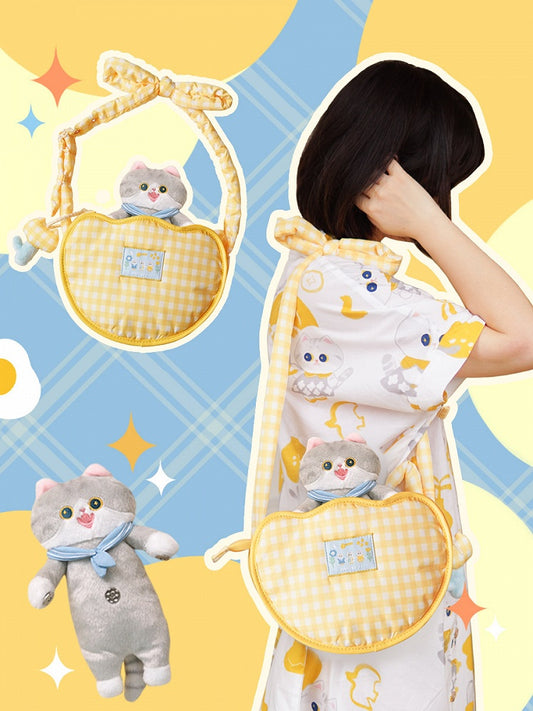 Cute Tulip-shaped Yellow Plaid Crossbody Bag with Kitty Plushie