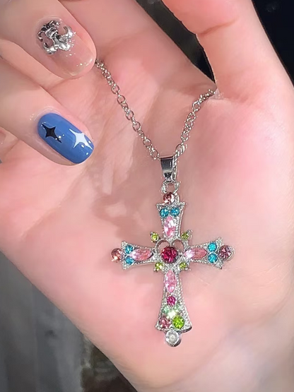 Neon Rainbow/Purple Rhinestone Cross Pendant Chain Necklace