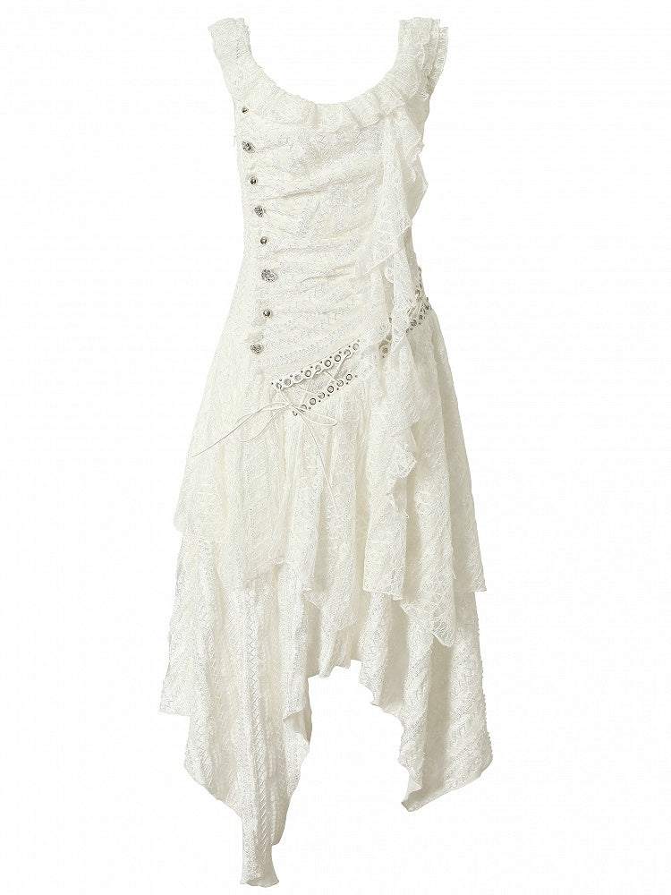 Punk Handkerchief Wasteland White Hem Lace-up Sleeveless Design Dress