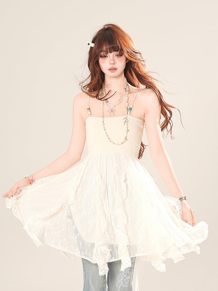 Cascading Ruffle Accents Lace Cami Top Blue/Apricot