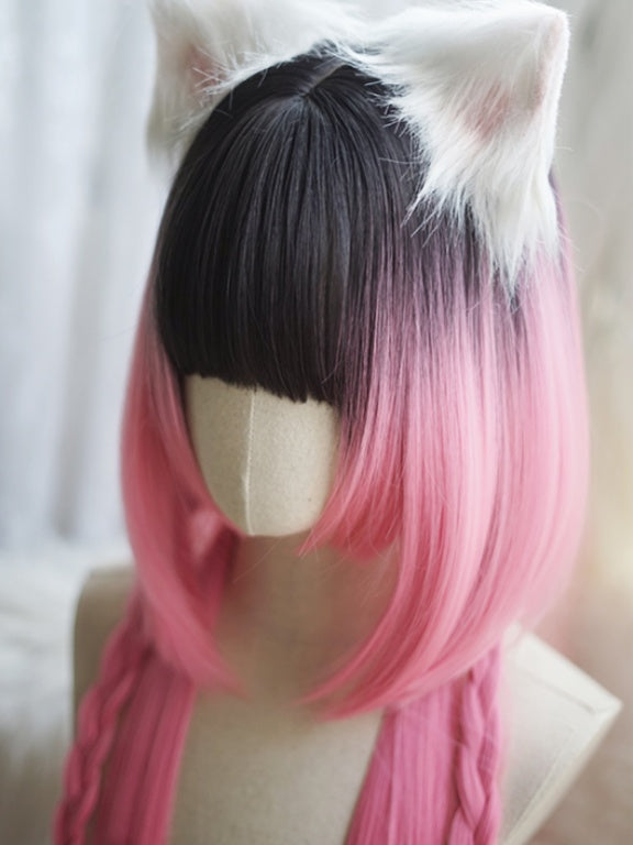 Milk White/Caramel/Orange/Pink&Black Waist Length Straight Wig With Full Bangs