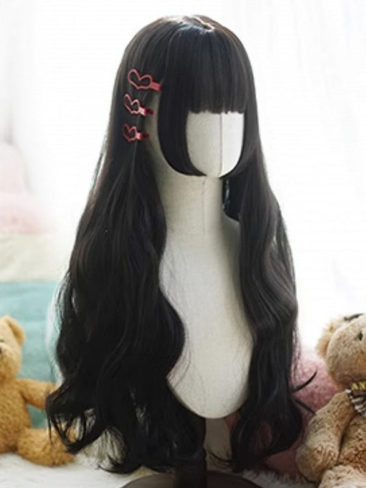 Black Hime Cut Long Wavy Wig With Full Bangs