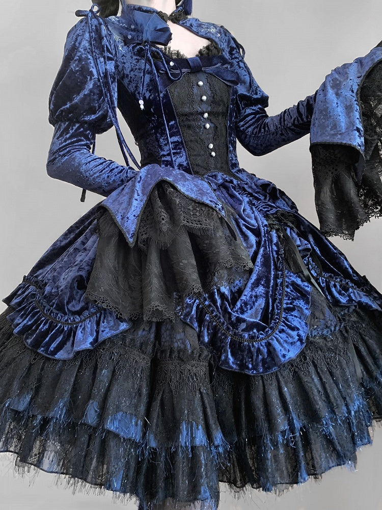 Dark Blue Detachable Long Bell Sleeves Snake Bones Embroidery Velvet Top