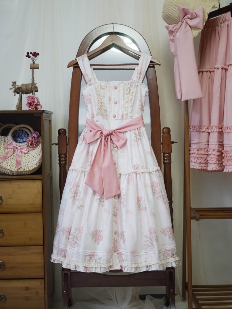 Robe d'été à imprimé rosace rose, motif floral naturel Kei, avec patte de boutonnage sur le devant et jupe pull Lolita